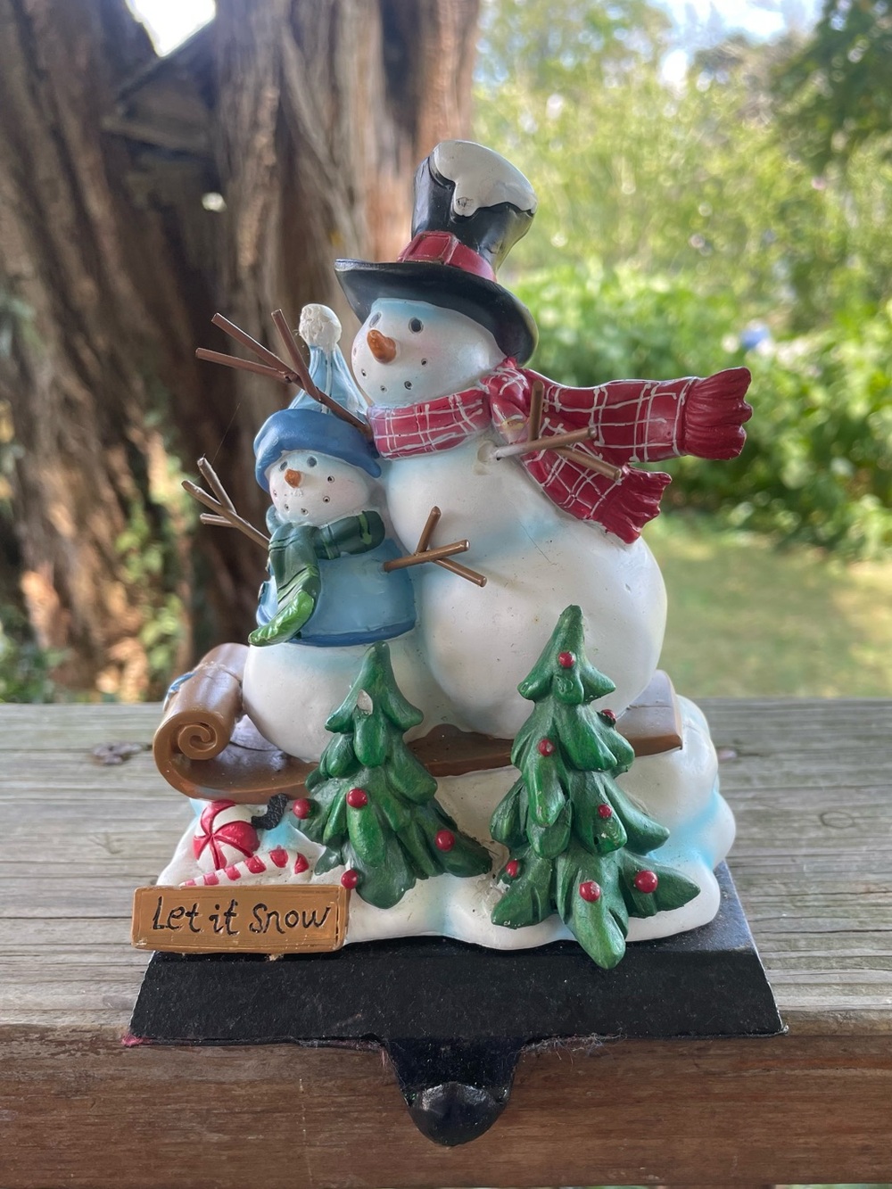 Festive Snowman Couple Holiday Christmas Stocking Holder - White with Red Scarf